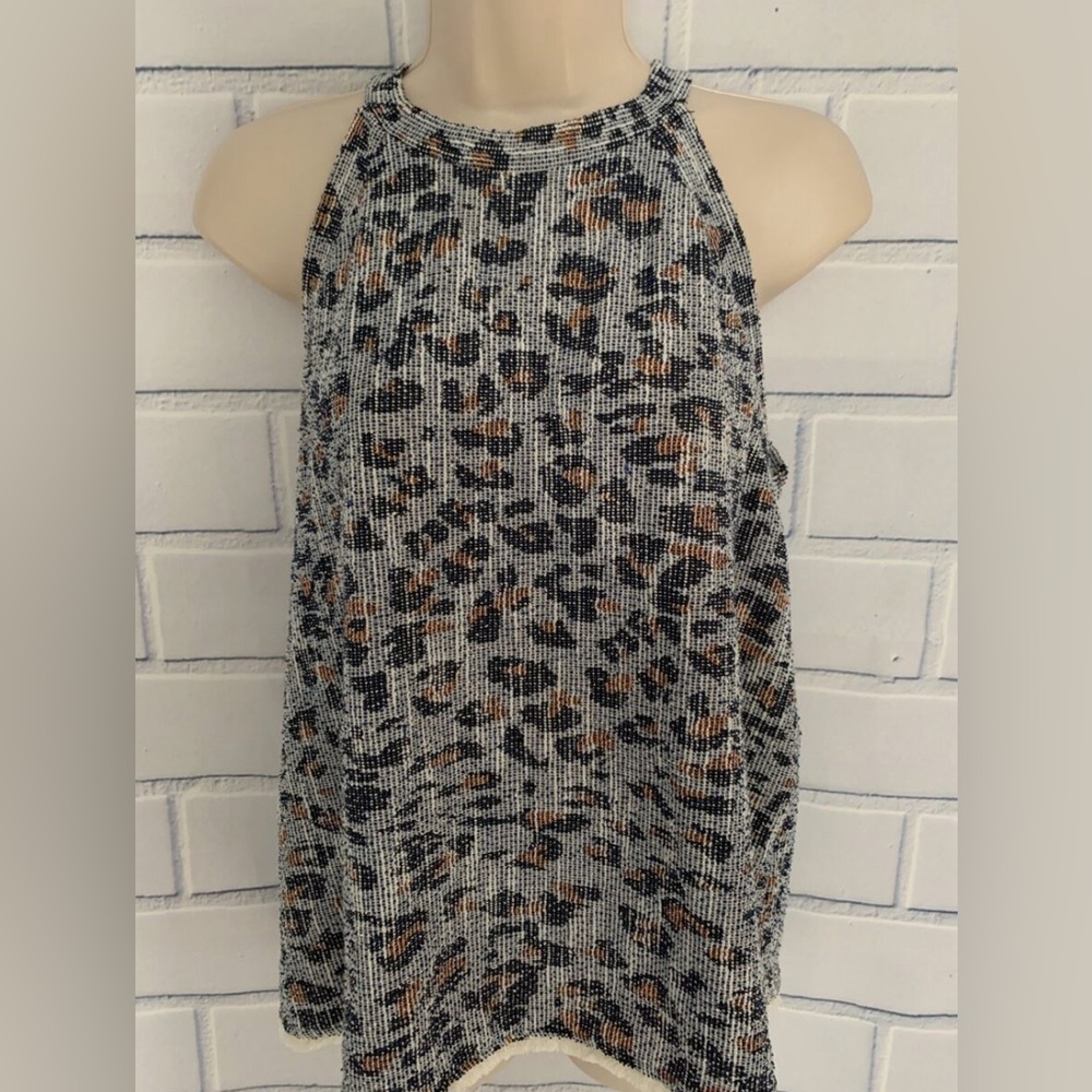 W5 Small Halter Top Leopard Print Raw Fringe Hem Sleeveless Blue Gray Textured